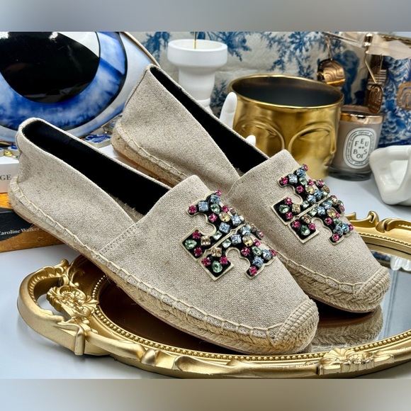 🆕 TORY BURCH 🧿 NWOT Ines Linen & Leather Bejewelled Espadrilles - Size 9 - Picture 15 of 16